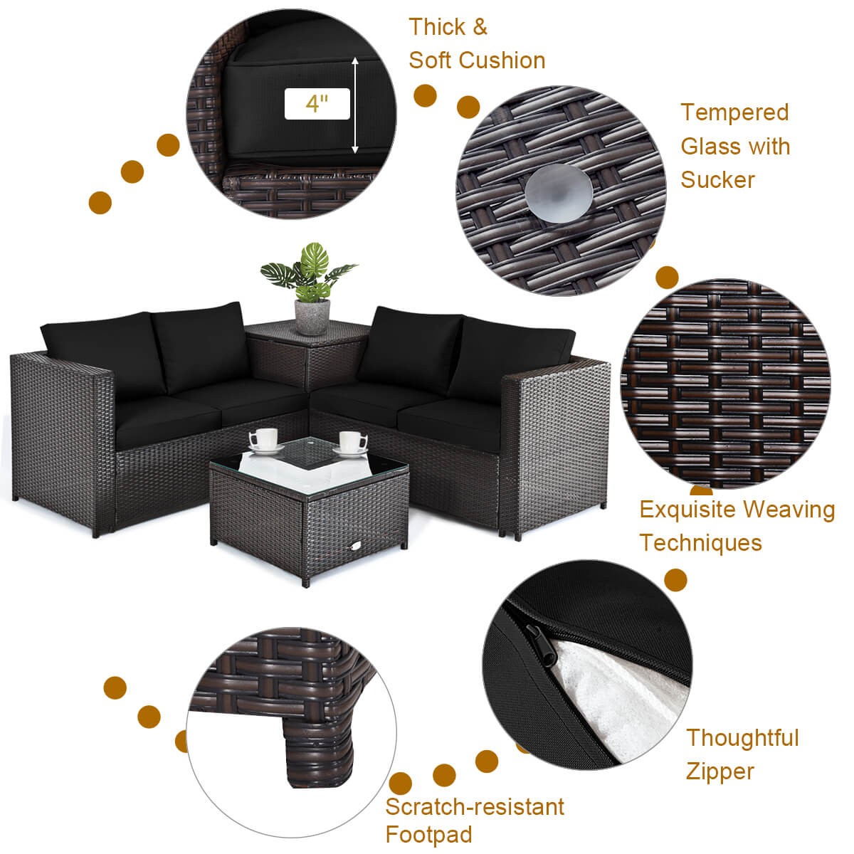 4PCS Outdoor Patio Rattan Furniture Set Cushioned Loveseat Storage Table Navy