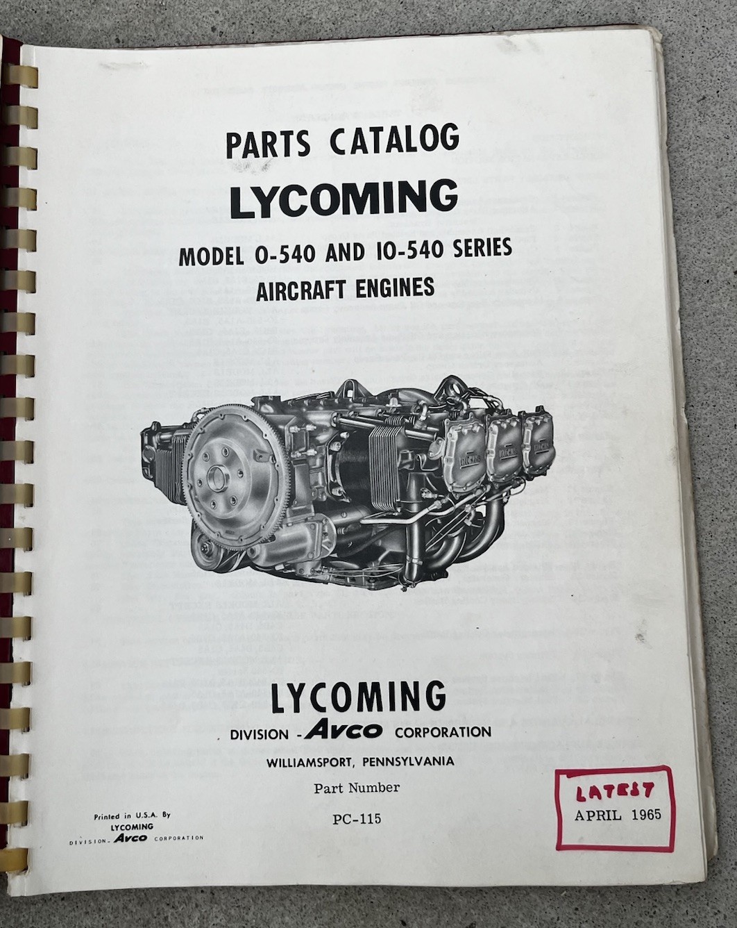 1965 AVCO Lycoming Parts 0-540. I0-540 Model Series Parts Catalog PC-115