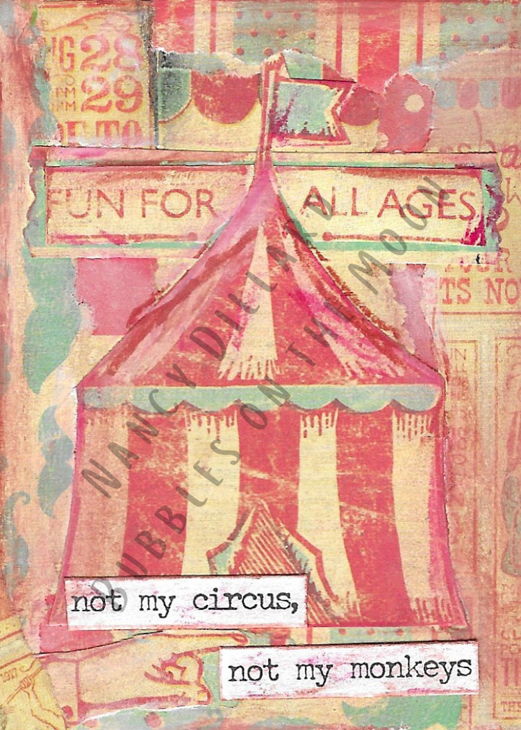 ACEO ATC Print Mixed Media Collage VTG Circus Big Tent Red Blue Not My Circus
