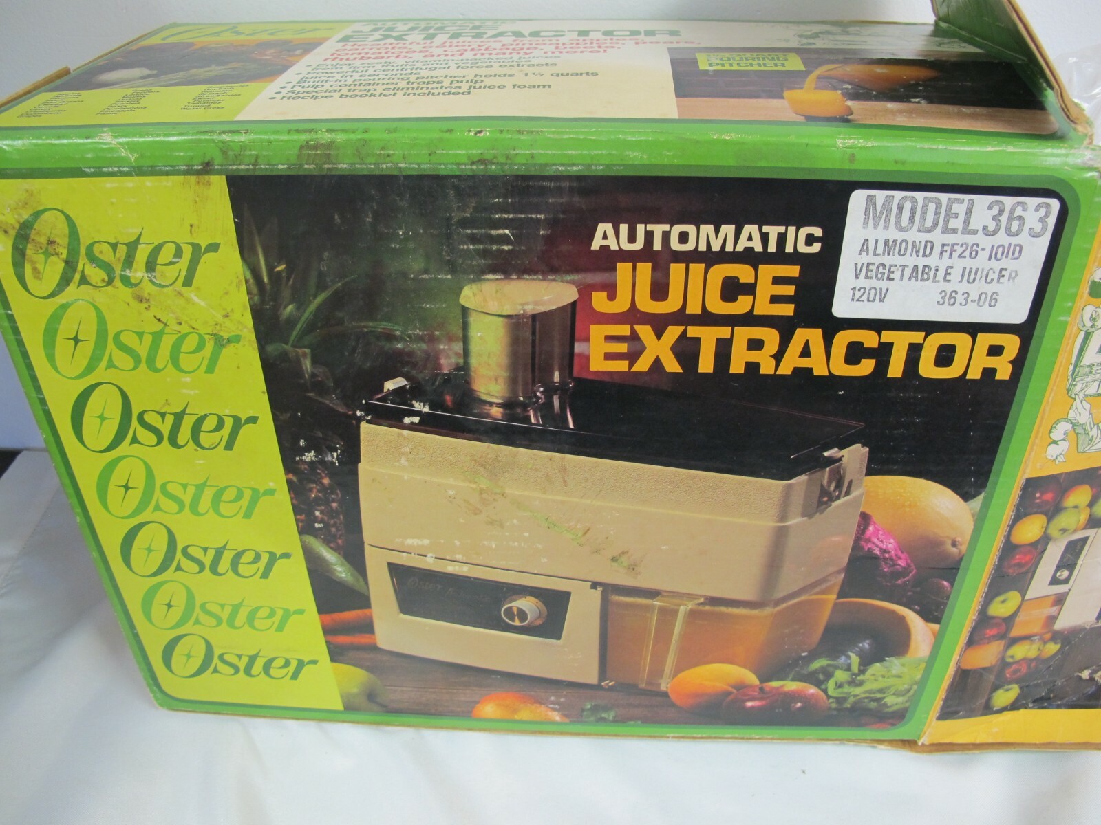 VINTAGE AUTOMATIC OSTER JUICE EXTRACTOR MODEL  363-06 ALMOND IN BOX JUICER