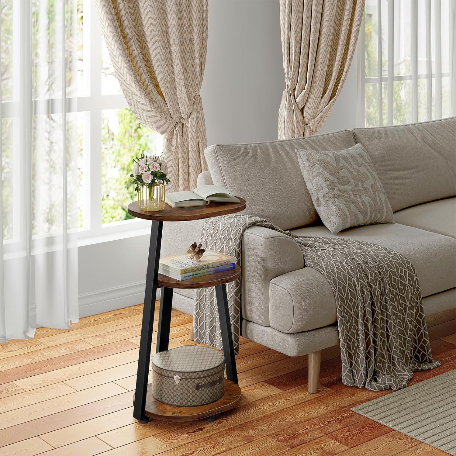 Side Table Small End Table W/ Metal Frame 3-Tier Bedside Tables Round Brown