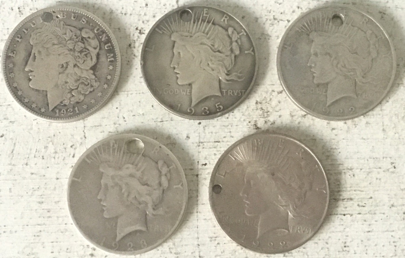5 Coin Holed Peace / Morgan Dollar Lot Cull Slick 90% Silver $5 Face $1 Damaged