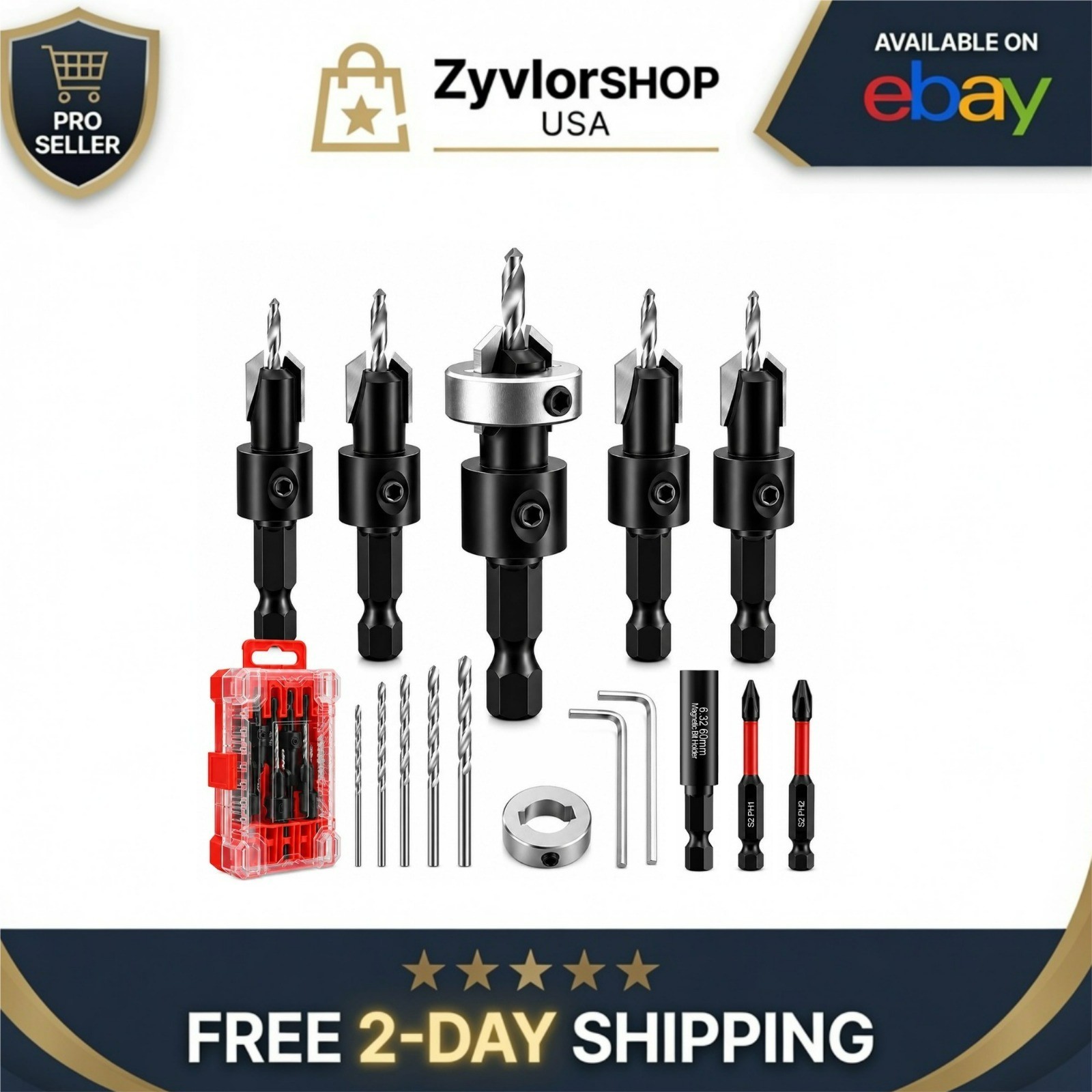 17Pcs Wood Countersink Drill Bit Set with Adjustable Depth Stop