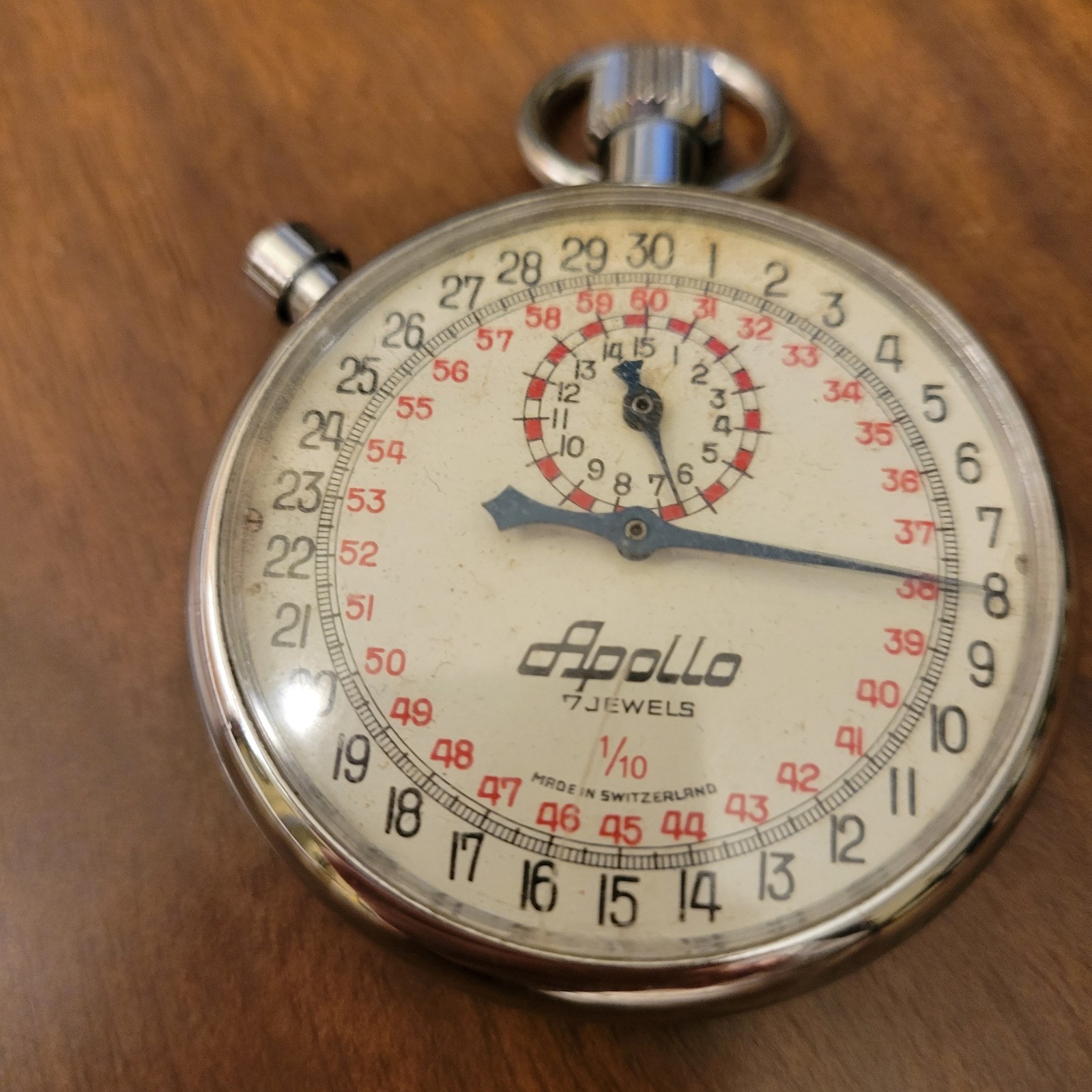 Vintage Apollo 7 Jewels 1/10 Swiss Mechanical Wind Up Stop Watch