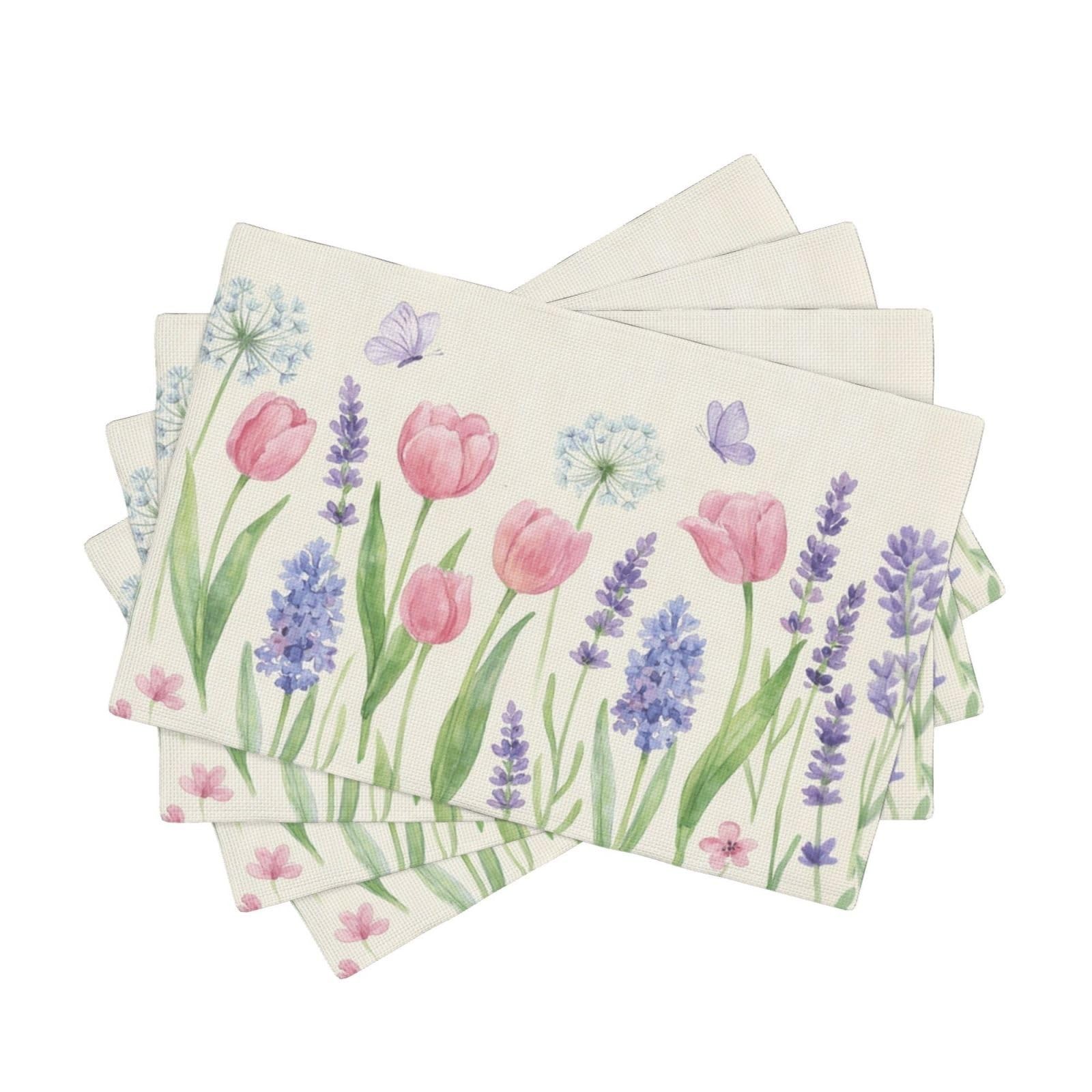 Tulip Placemats Set of 4 Washable Burlap Heat Resistant Cloth Place mat 18X12...