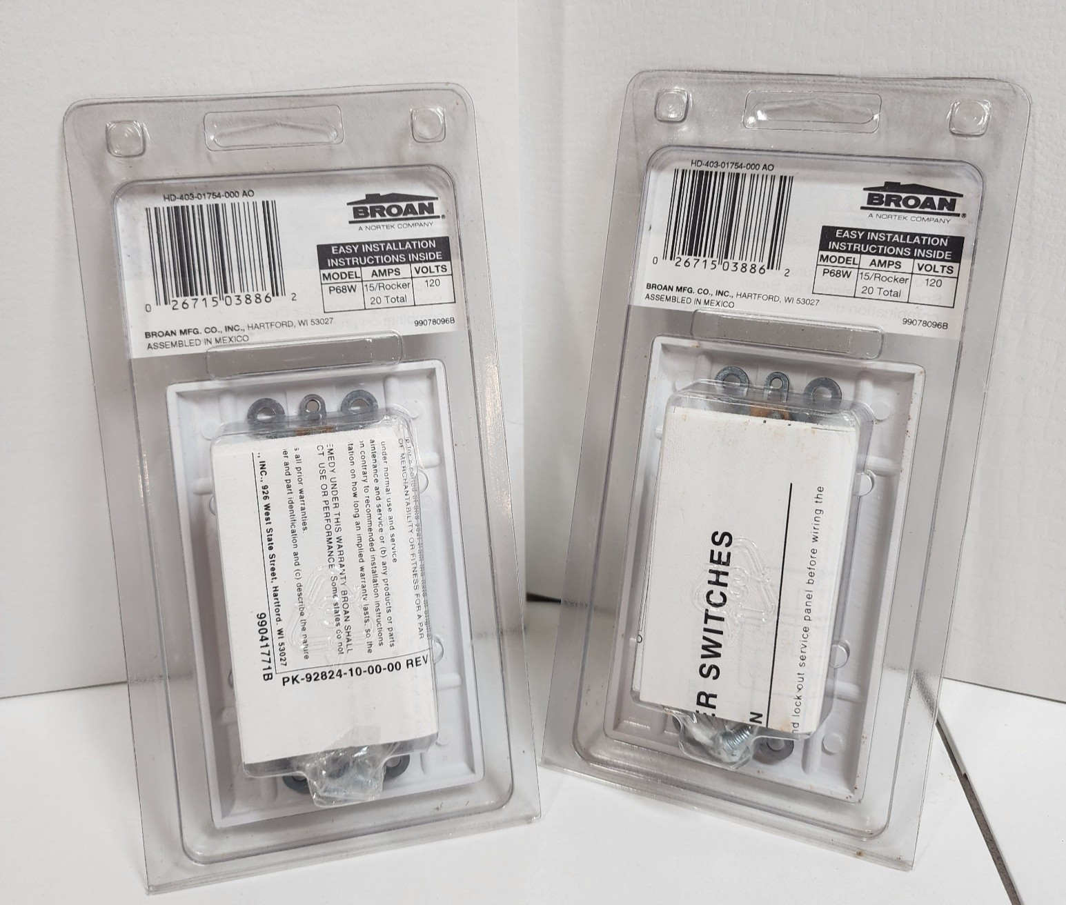 2 NEW - BROAN - Two Switches / 2 Function Control ~ Model P68W ~ White