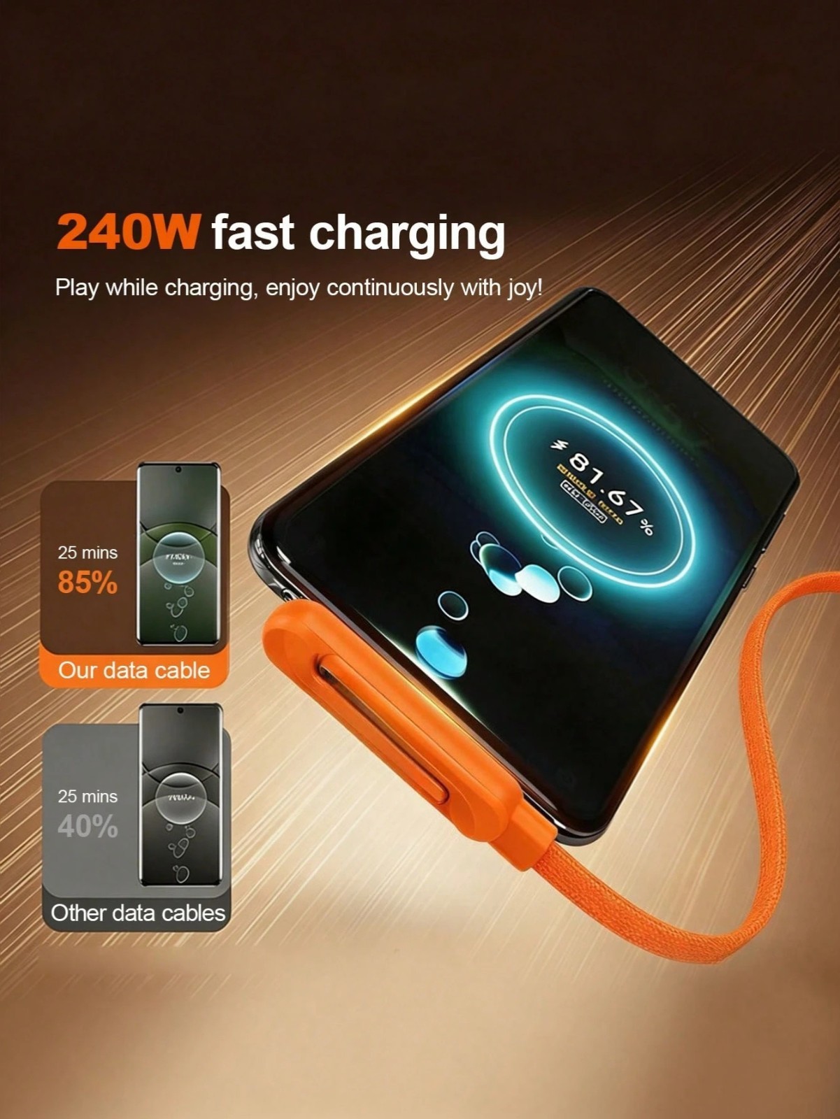 2-in-1 240W USB-C Fast Charger Cable 90° Gaming Cord w/ Foldable Phone Stand