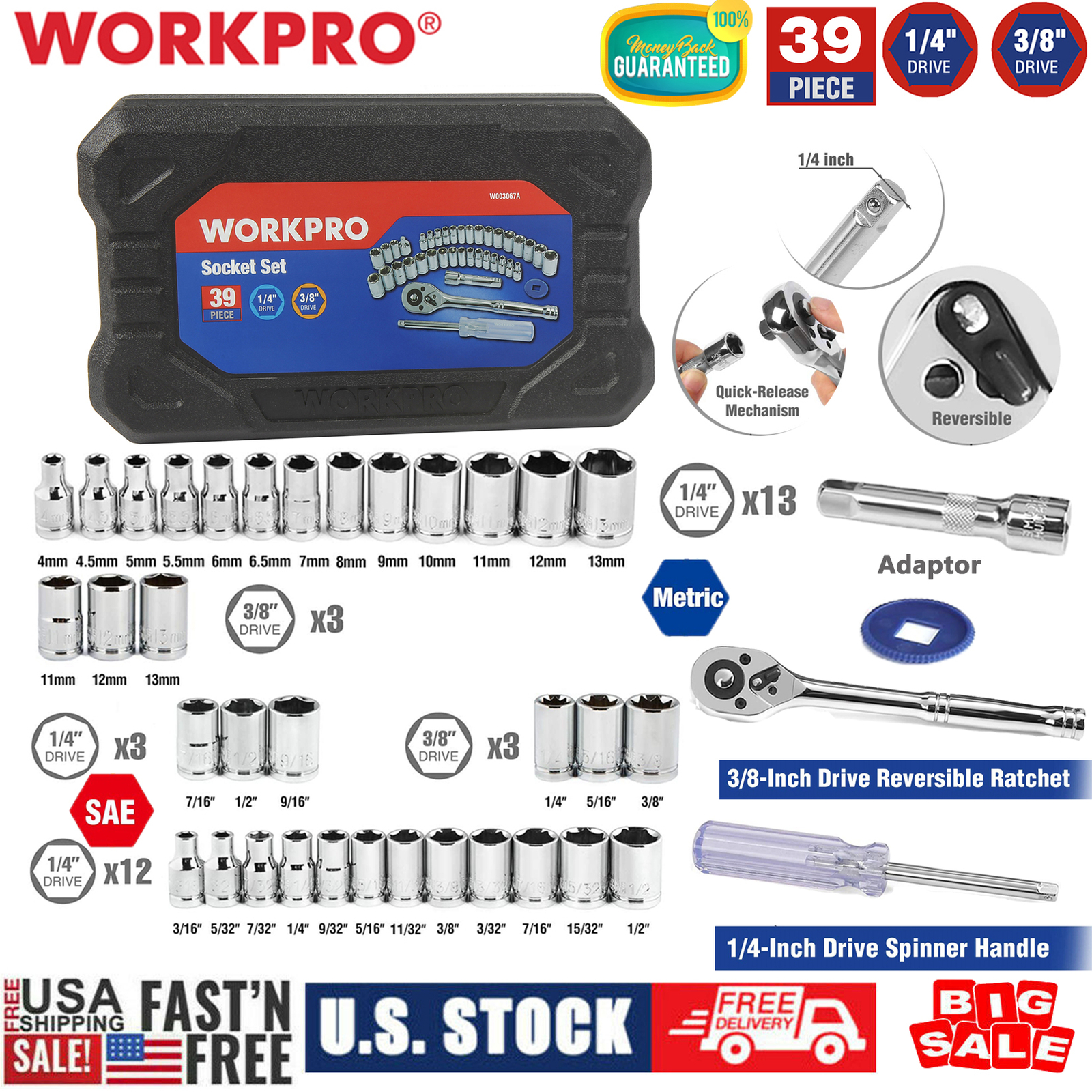 WORKPRO 140/101/39Pcs 3/8" 1/4" Drive Wrench Socket Set SAE Metric Socket Tools