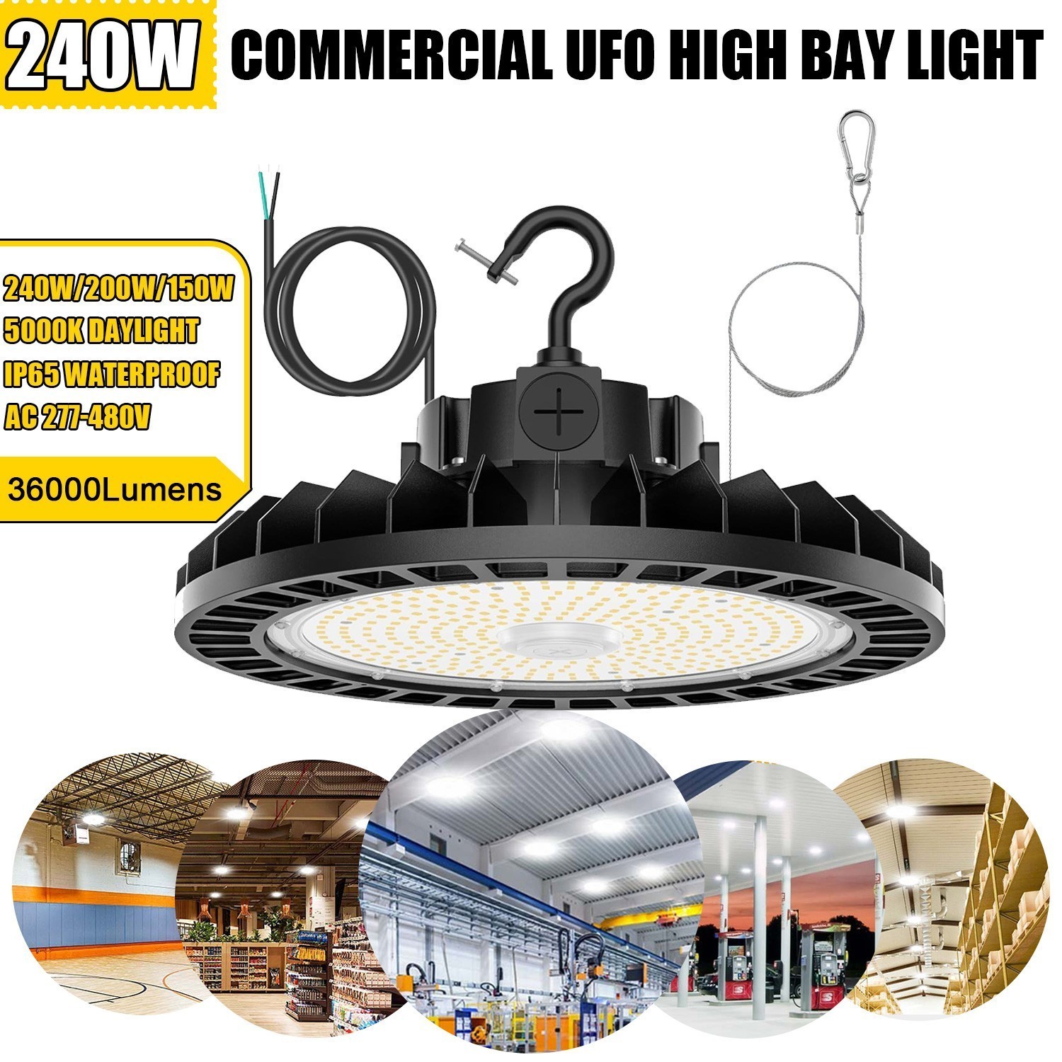 480V UFO LED High Bay Light 240W 36000lm 5000K Commercial Warehouse Factory Lamp