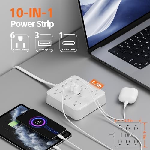 Surge Protector Power Strip, 6 Outlets, 4 USB, 15FT Flat Plug, 15 Foot Cable