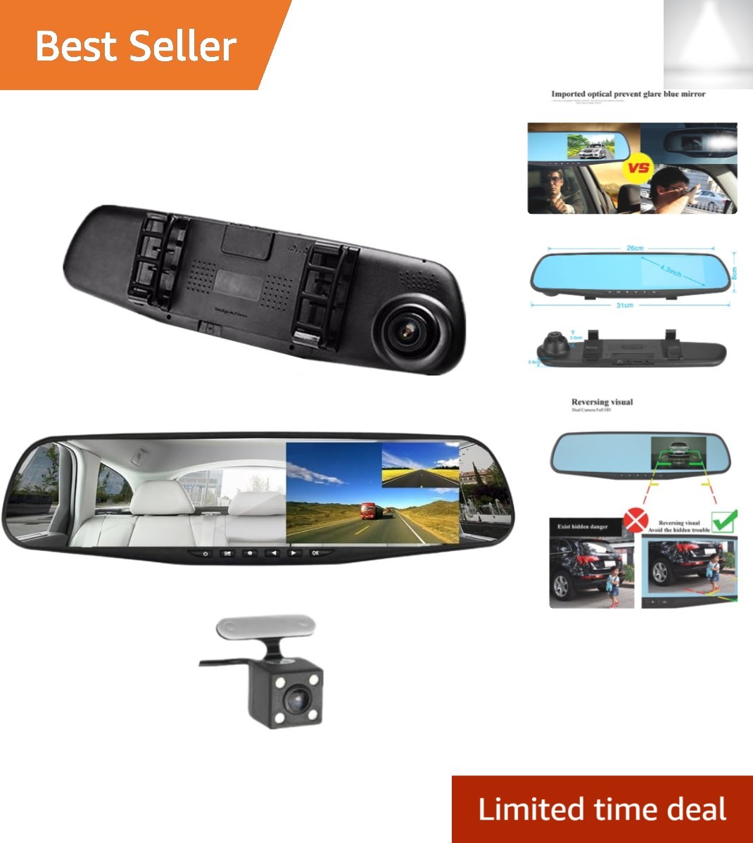 1080P Dual Lens Rear View Car Camera - 4.3" Screen with Advanced Safety Features