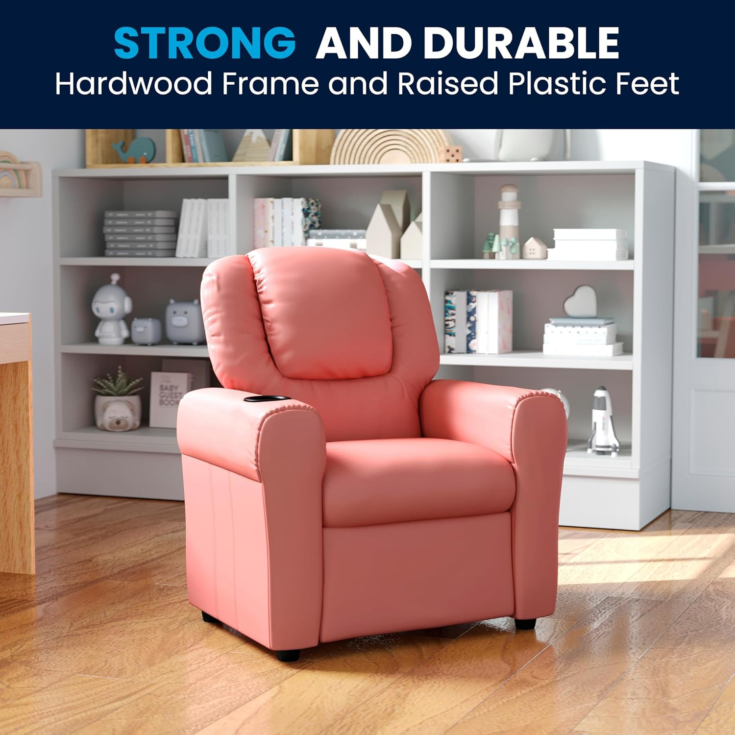 Pink Kids Recliner Chair with Cup Holder & Safety Recline, Supports 90 lbs