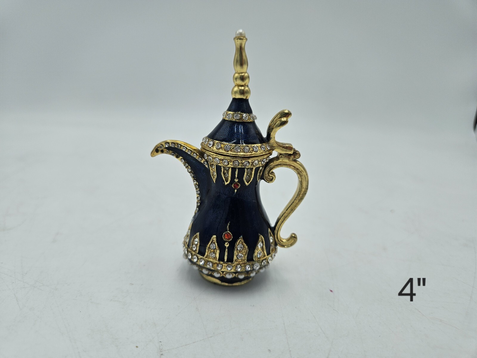 Beautiful Dark Blue Glazed Pitcher Rhinestones Trinket Box Collectibles 4" Tall