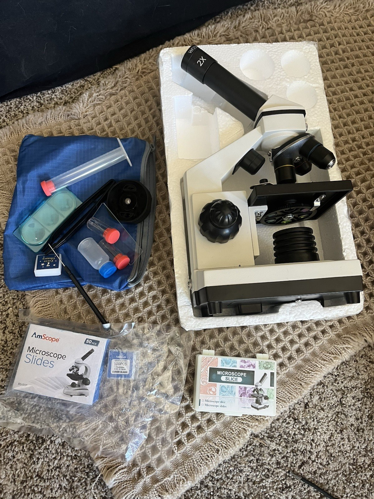 AmScope Kids Microscope Set w/ Accessories, Slide Set, Tools, Carry Bag