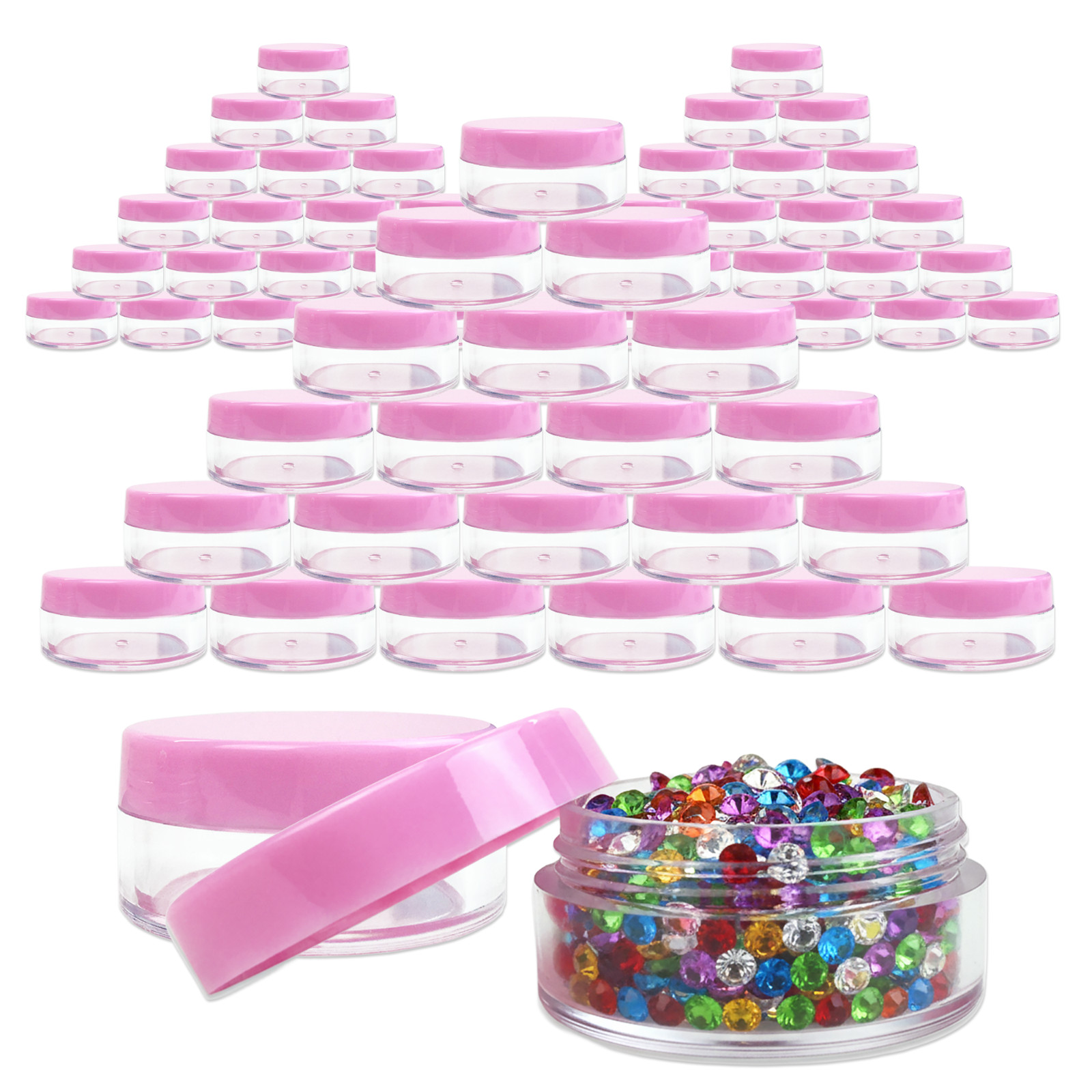 100 Pieces 10G/10ML Round Cosmetic Cream Clear Plastic Sample Pot Jars Pink Lids