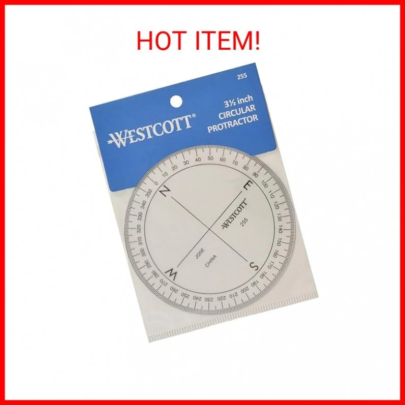 Westcott ‎360-Degree Protractor Compass for Drawing and Drafting, Clear, 3.5 in