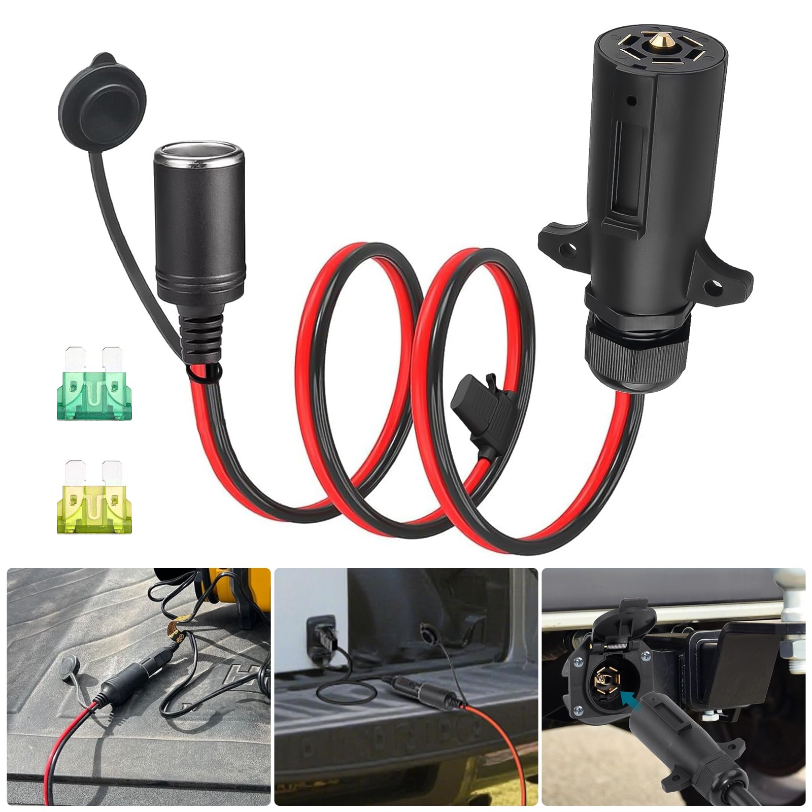 7-Pin Trailer Plug to 12V Power Socket Cable 12AWG Tinned Copper Adapter for RVs