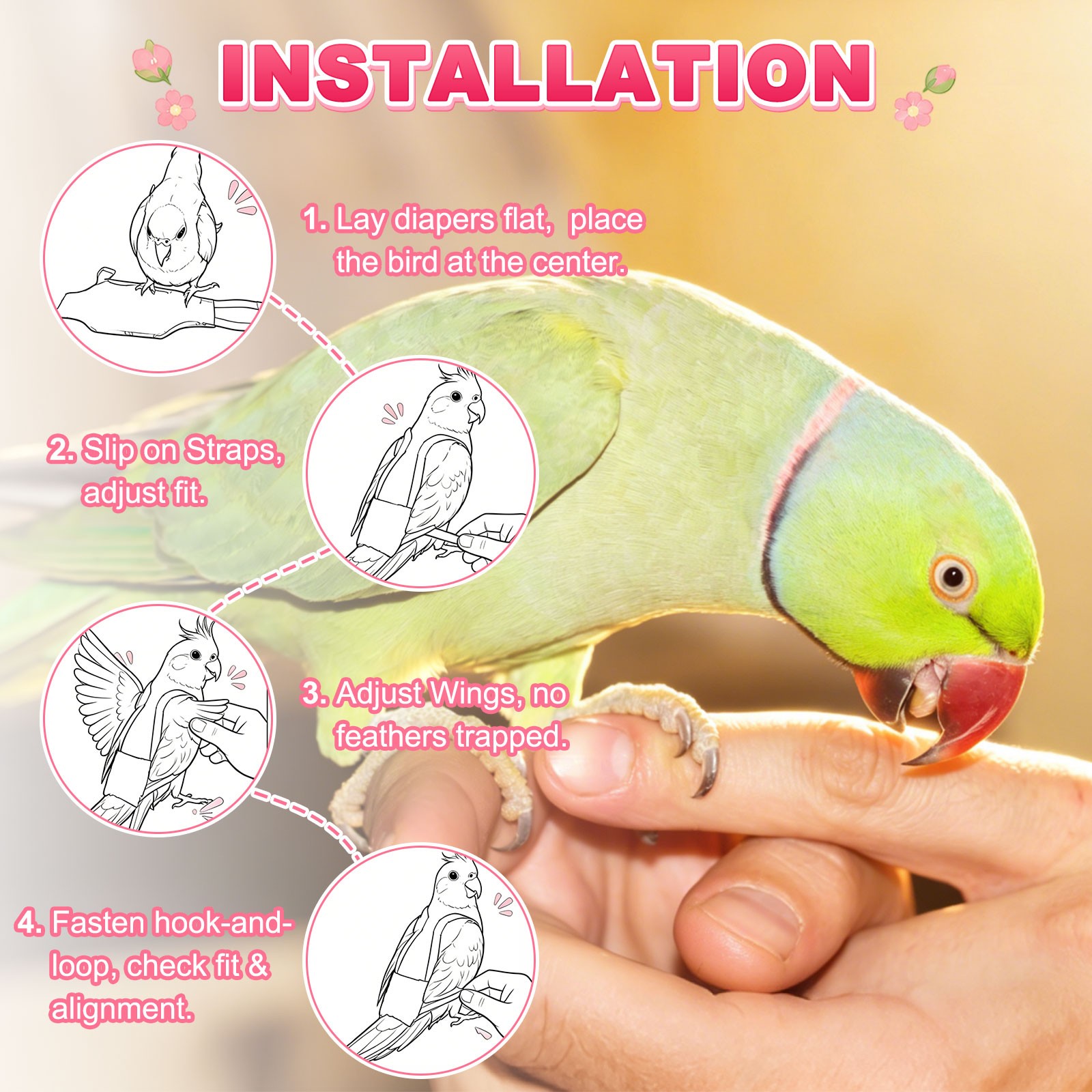 1-Pack Bird Diapers with 6.6 ft Leash Reusable Pet Parrot Nappy [Red, S]