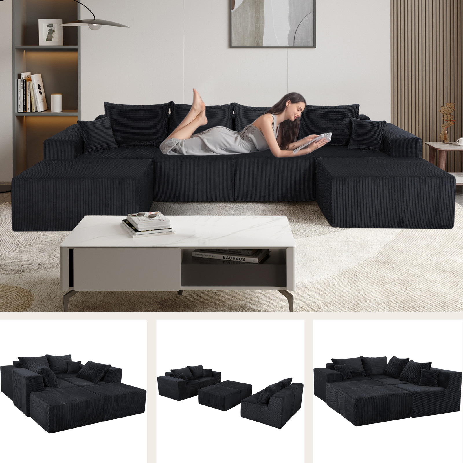 (Old SKU:W3163S00040)6-Piece Modular U-Shaped Sectional Sofa in Black, Convertib