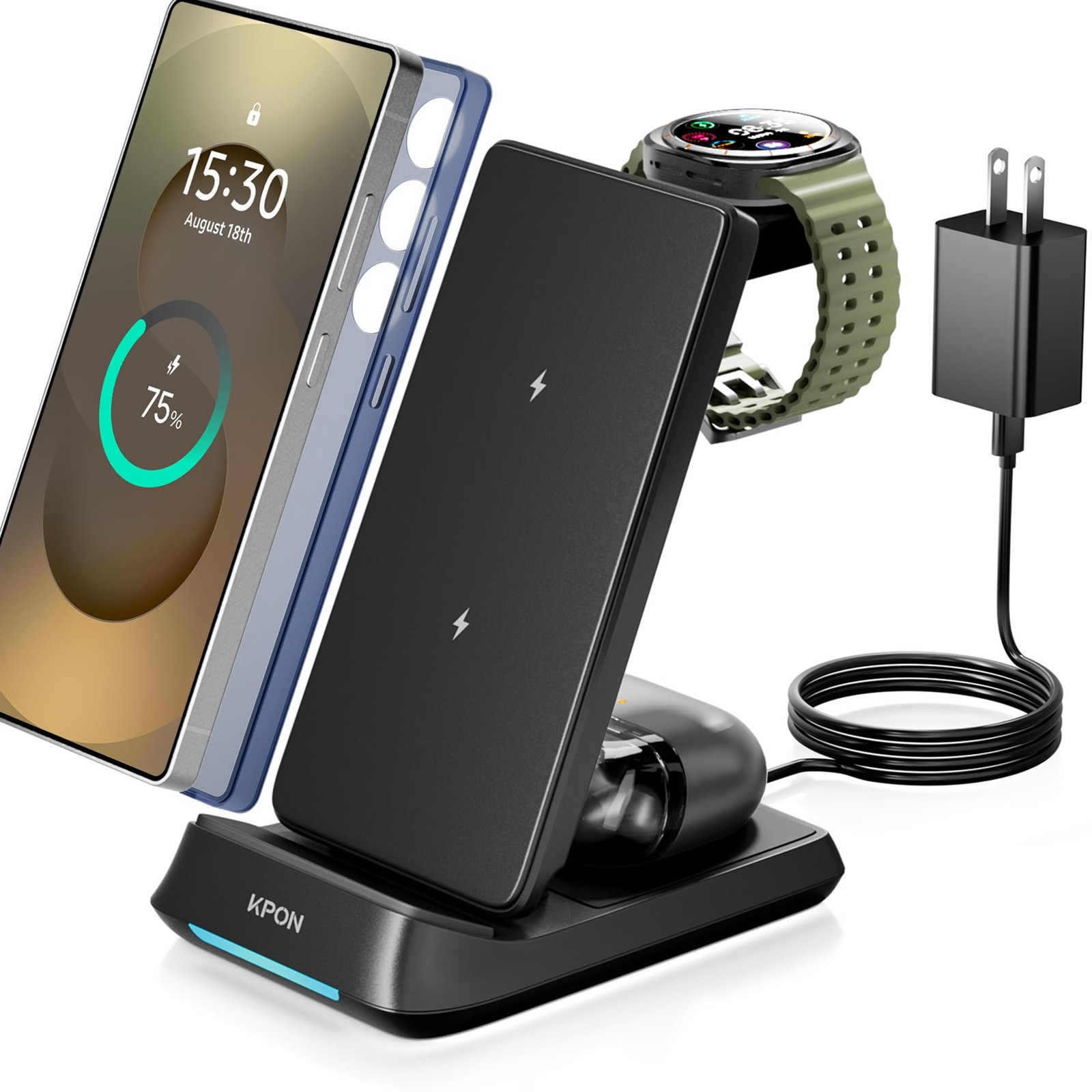KPON 3 in 1 Charging Station for Samsung, Wireless Charger for Thick Cases, F...
