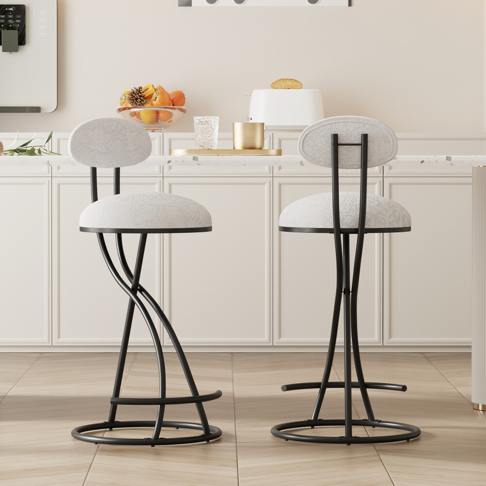 Round Print Bar Stools Set of 2 Black Metal Upholstered Chairs, Counter Stools