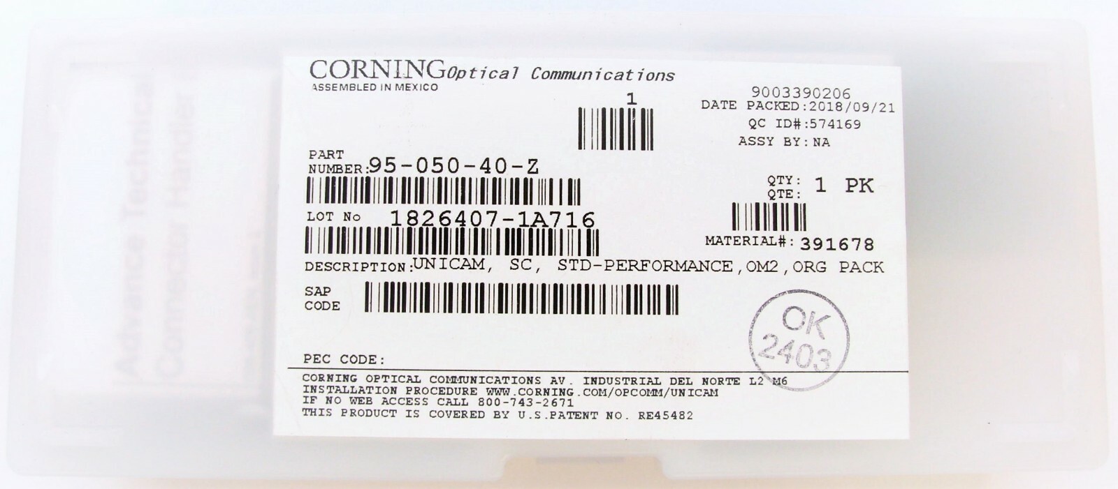 Corning 95-050-40-Z Unicam Connector Pretium 50 um SC Multimode/MM OM2, 25 Pack