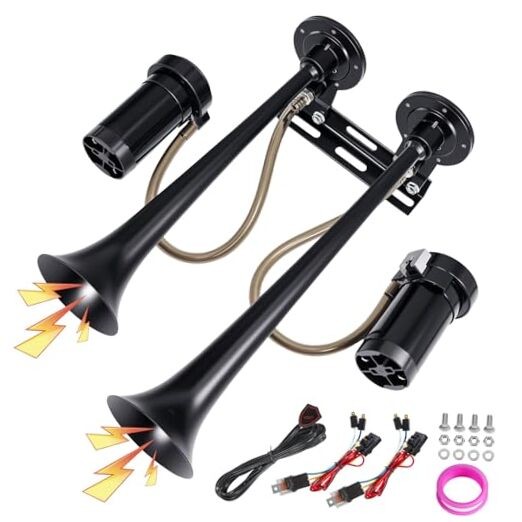 Dual Trumpet Metal Air Horn Kit for Truck with 2 Air Compressors - With Button