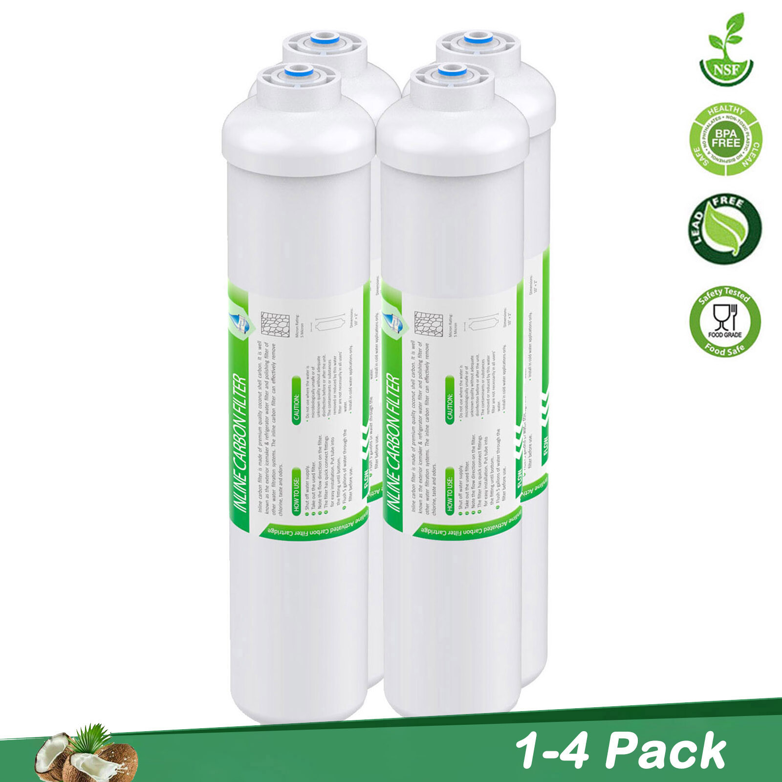 1-4Pack Inline T33 Post Carbon Water Filter Fridge Cartridges 1/4" Quick Connect
