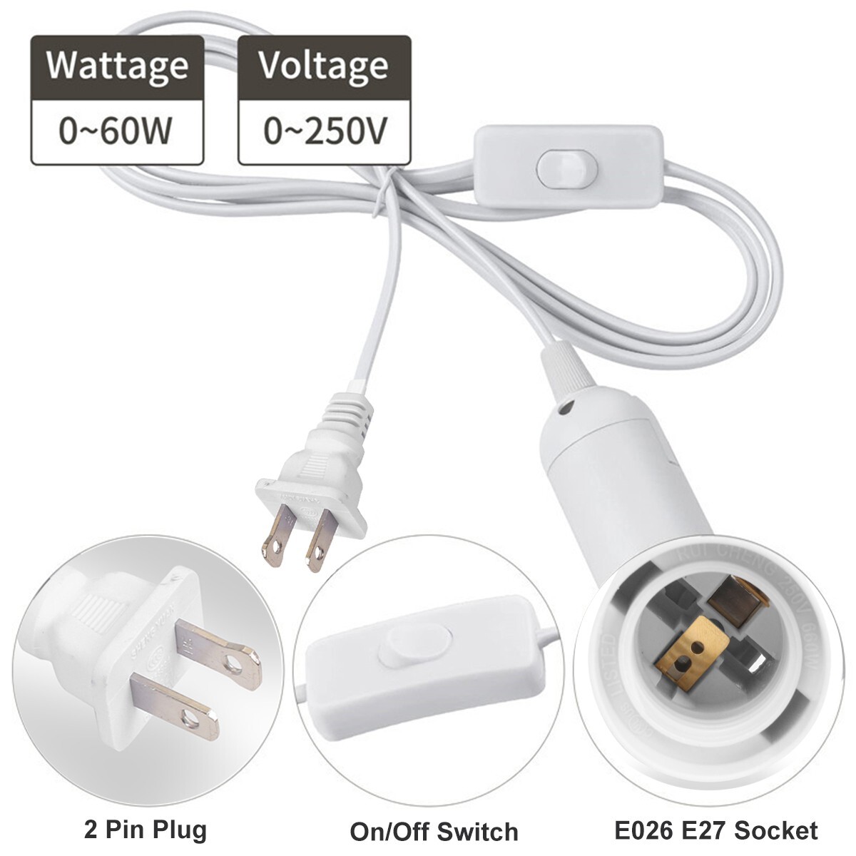 2 PCS E26 E27 Light Bulb Socket Wall Outlet Adapter On/Off Switch Extension Cord