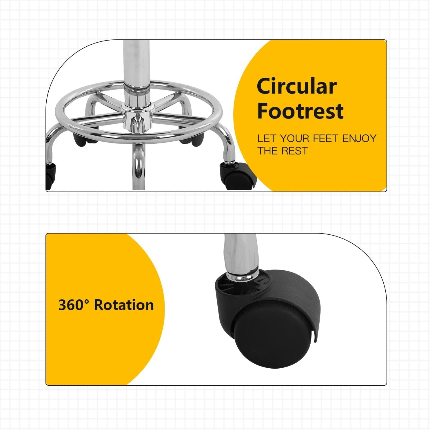 Round Rolling Stool with Adjustable Height and Wheels PU Cushion for Massage Spa