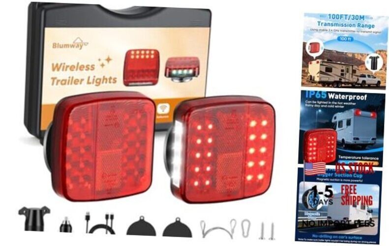 Magnetic Wireless Trailer Lights, Upgraded 2.4GHz Transmitter with 2000mAh Red