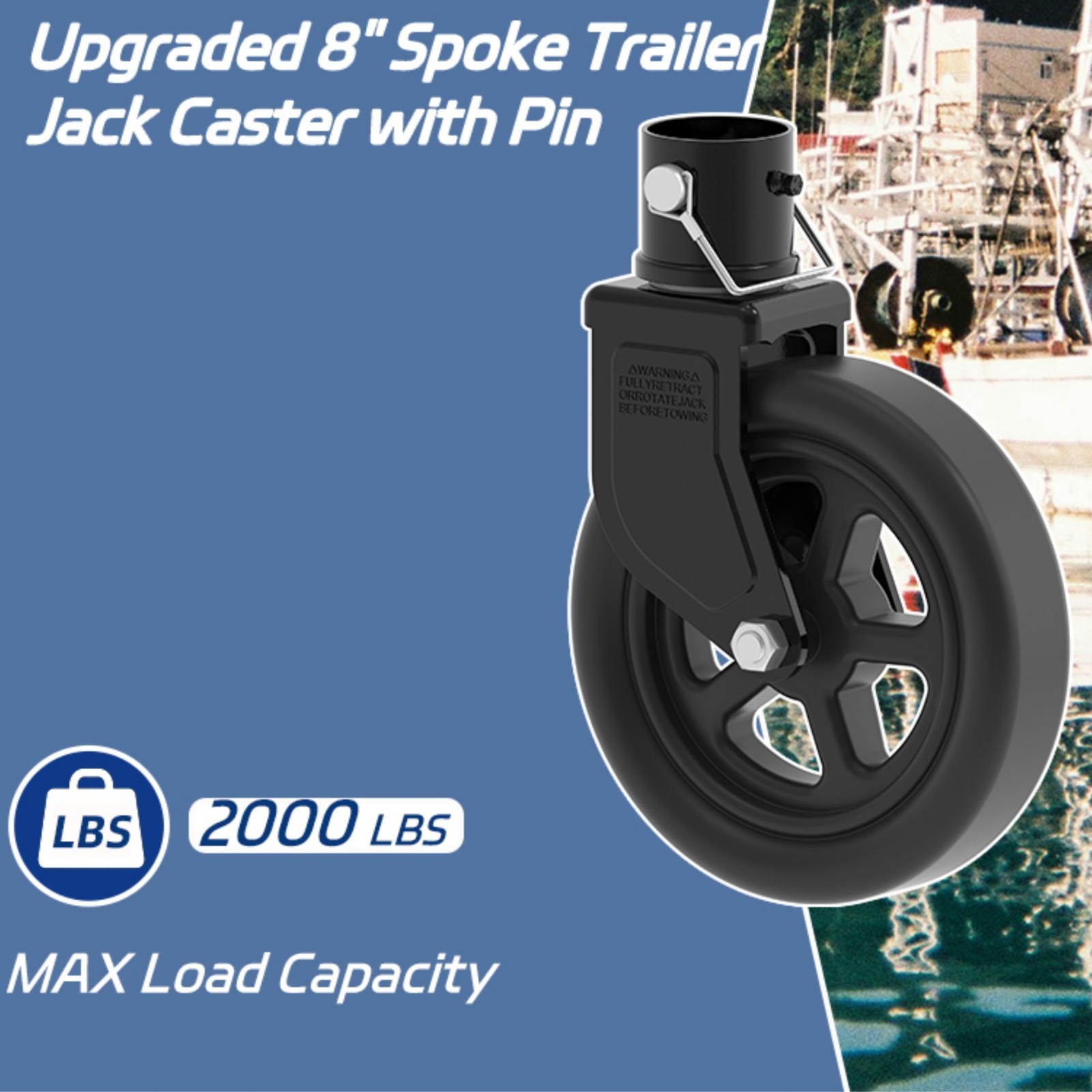 2000lbs 8" Trailer Jack Swivel Caster with Upgraded Spoked Wheel and Pin for RV