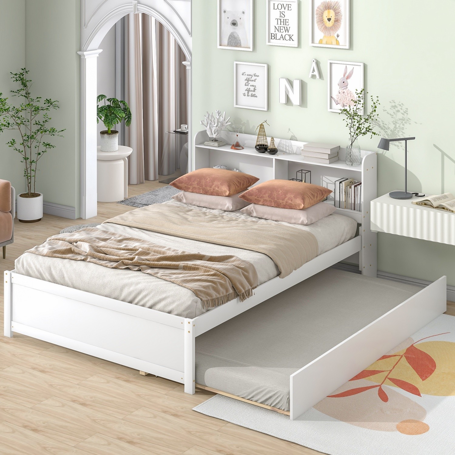 Full Size Bed Frame Wood Platform Bed w/ Trundle & Storage Headboard