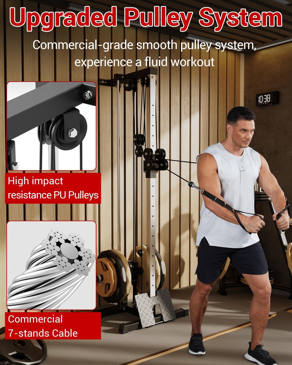 Wall Mount Cable Machine Adjustable Pulley System with Footplate 18 Positions
