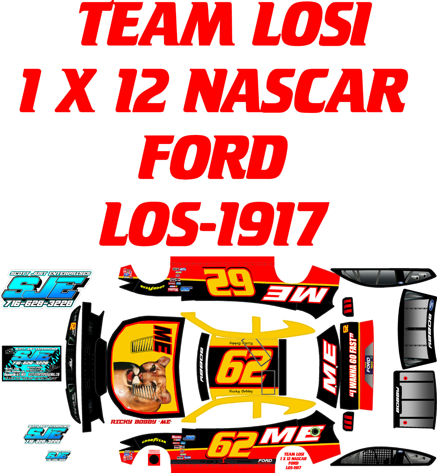 TEAM LOSI 1X12 1917 NASCAR RICKY BOBBY ME DECAL WRAP KIT FORD  BODY ONLY