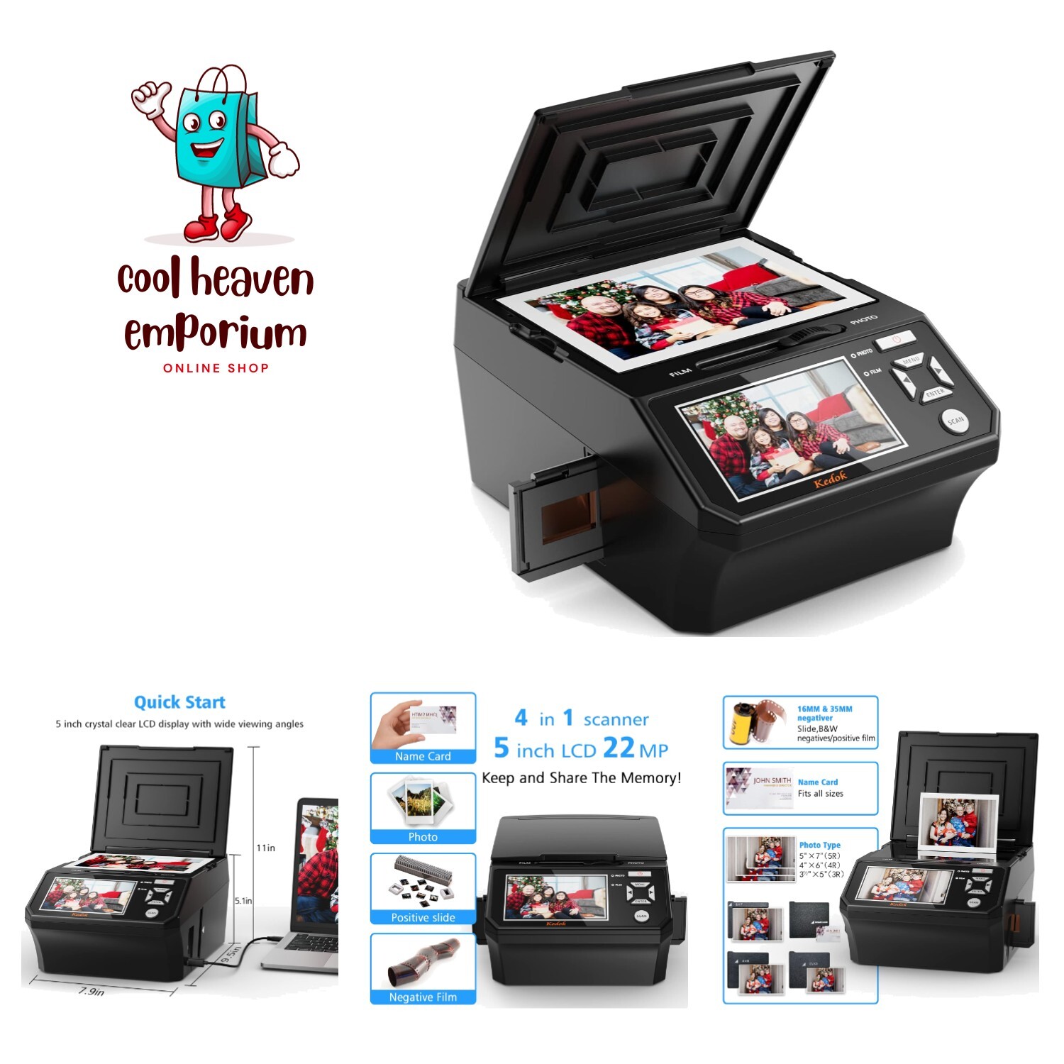 Compact 22MP Photo & Negative Scanner - 5" Screen for Easy Memory Digitization