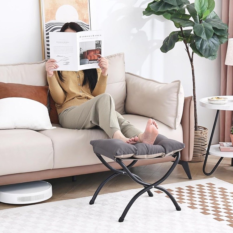 Folding Footrest Stool Portable Ottoman Thick Cushion Modern Metal Frame New