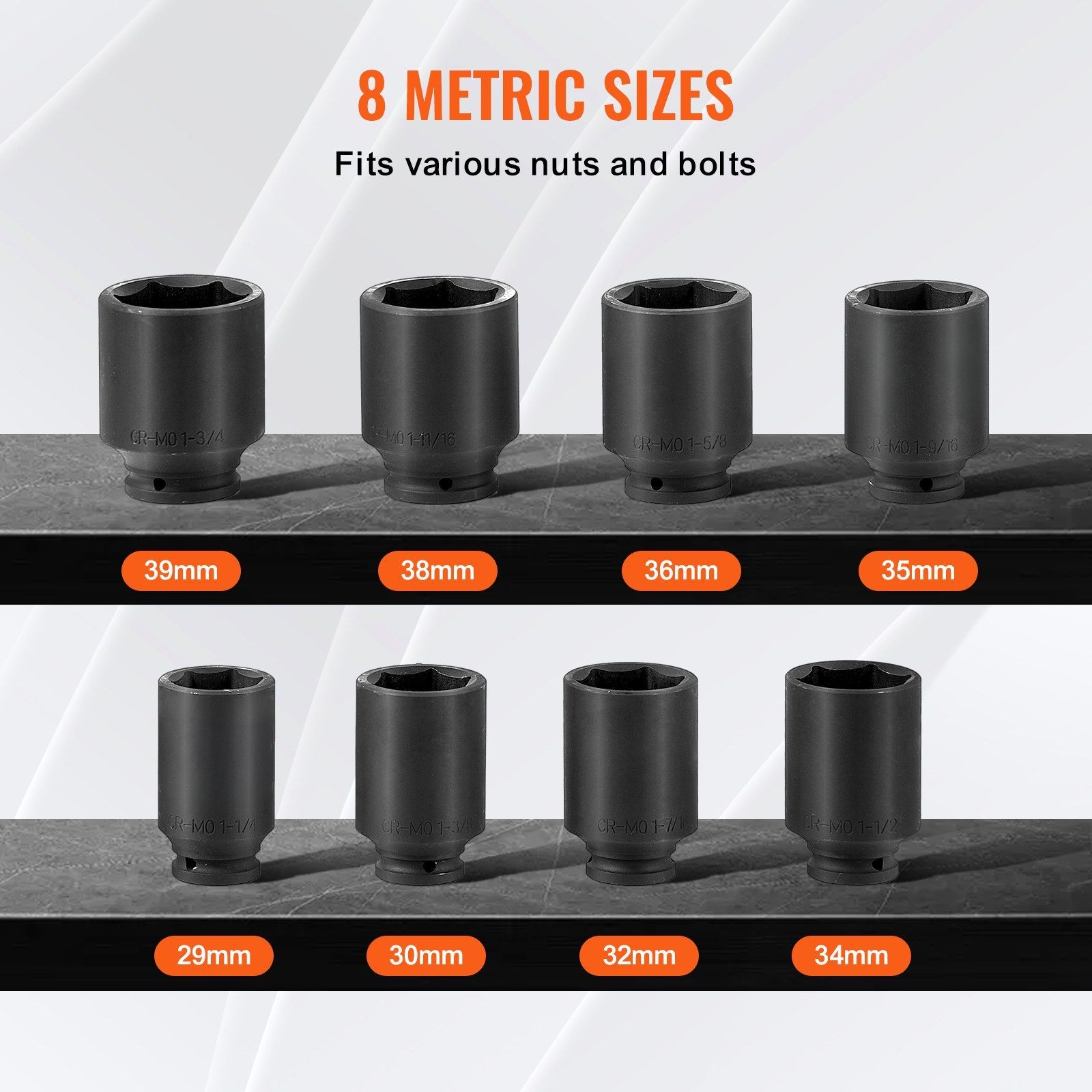 1/2in Drive Hardened 12-Point Deep Socket Set 8-Piece 29-39mm