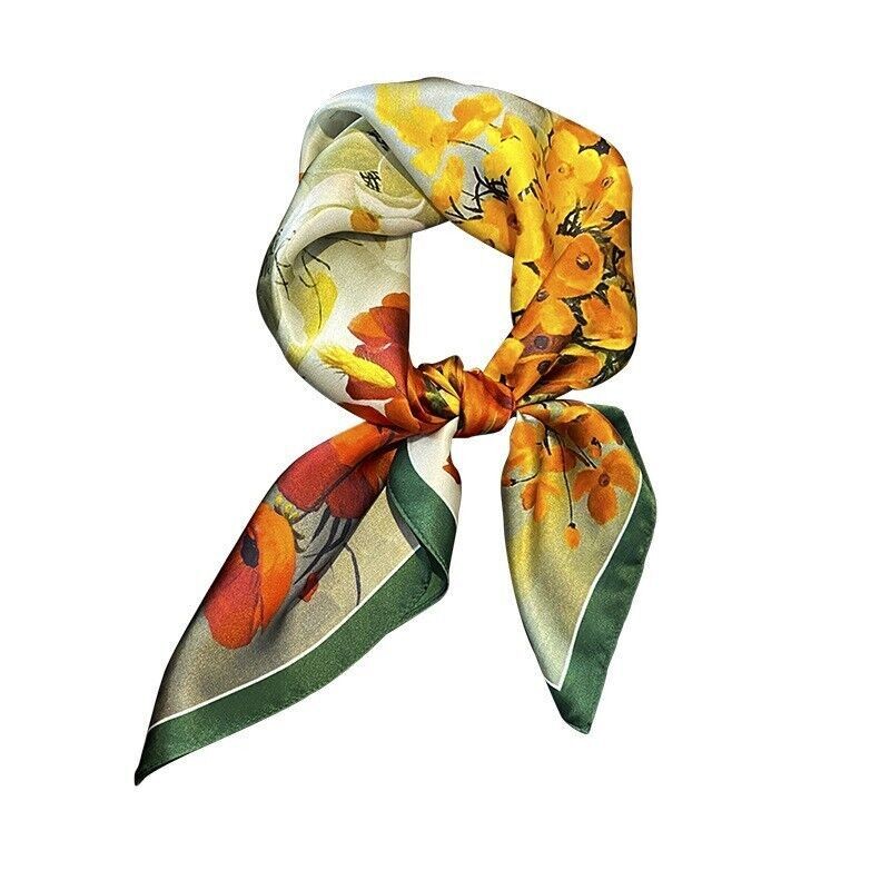 100% Silk Mulberry 27" Square Scarf Women Vintage Neckerchief Wrap Orange Flower