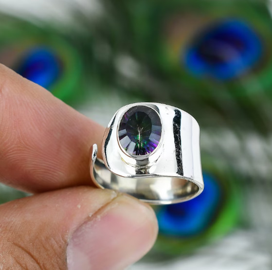 Solid 925 Silver Mystic Topaz Ring Handmade Adjustable Band Ring All Size SR583