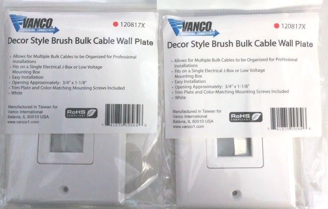 2 X Vanco 120817X 1-Gang Decora-Style Brush Bulk Cable Wallplate - White