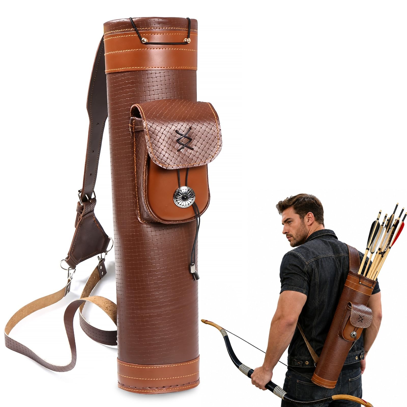 Traditional Shoulder Back Quiver Bow Leather Arrow Holder with Large Pouch Ha...