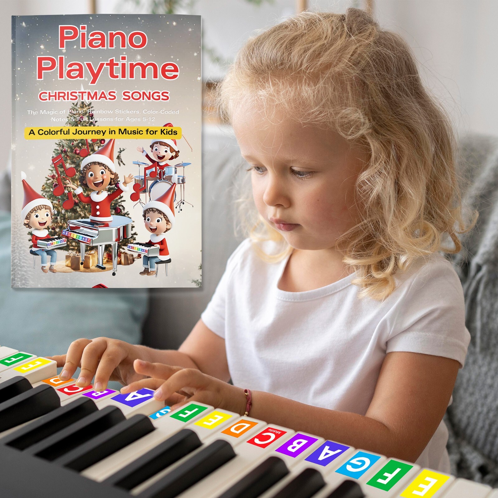 QMG Piano Playtime Christmas Beginner Piano Book and Rainbow Color stickers