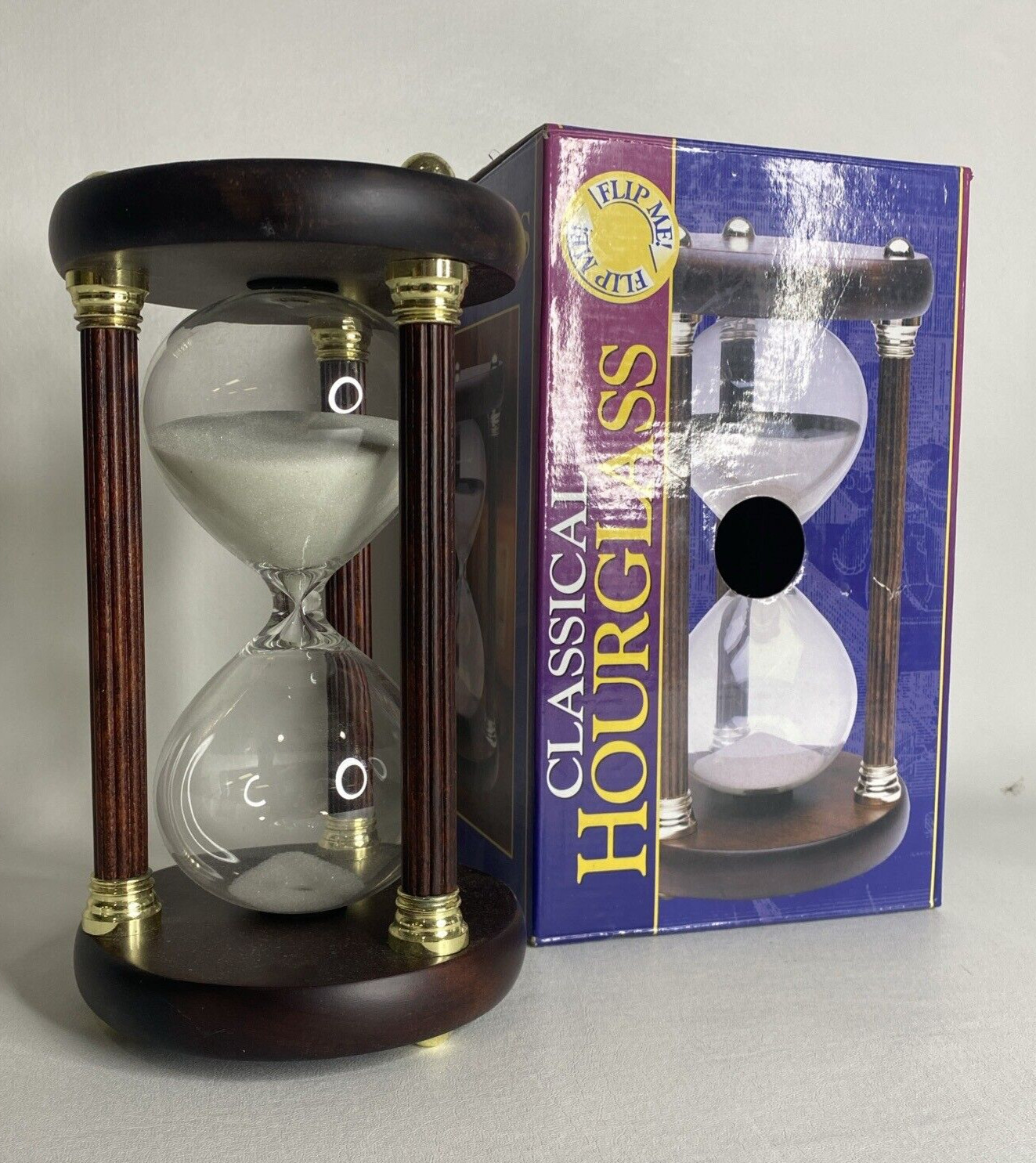 KOCH CLASSIC HOURGLASS SAND TIMER 9.5" Tall Hand-Blown Glass, Harwood & Brass