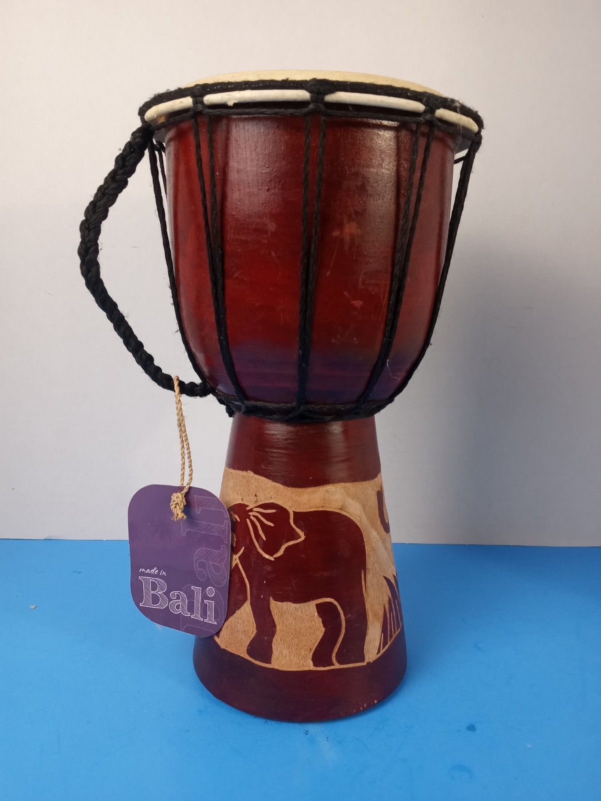 African Wooden DRUM, Standard Drumhead-11” High,Elephant Etchings.
