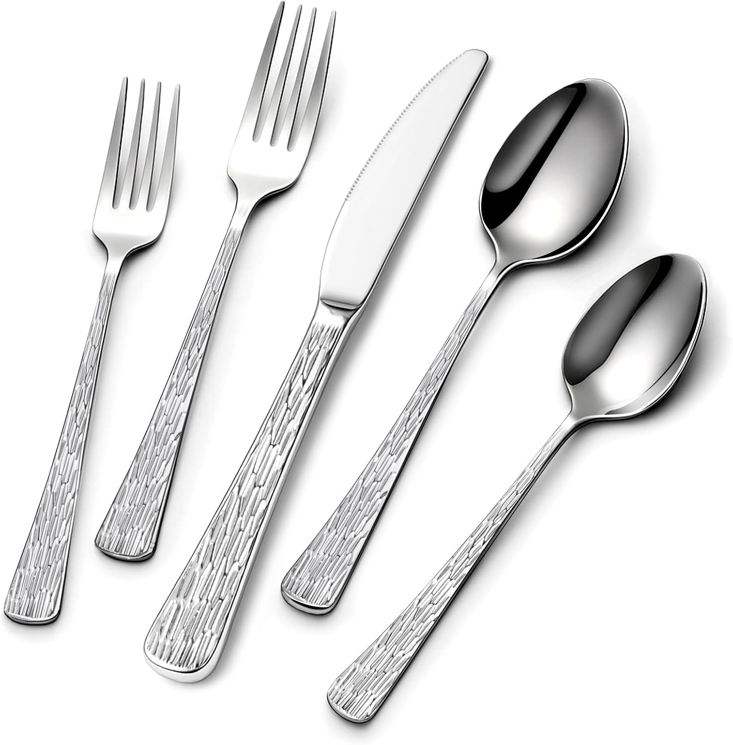 60-Piece Hammered Silverware Set for 12 Stainless Steel Flatware Tree Pattern ..