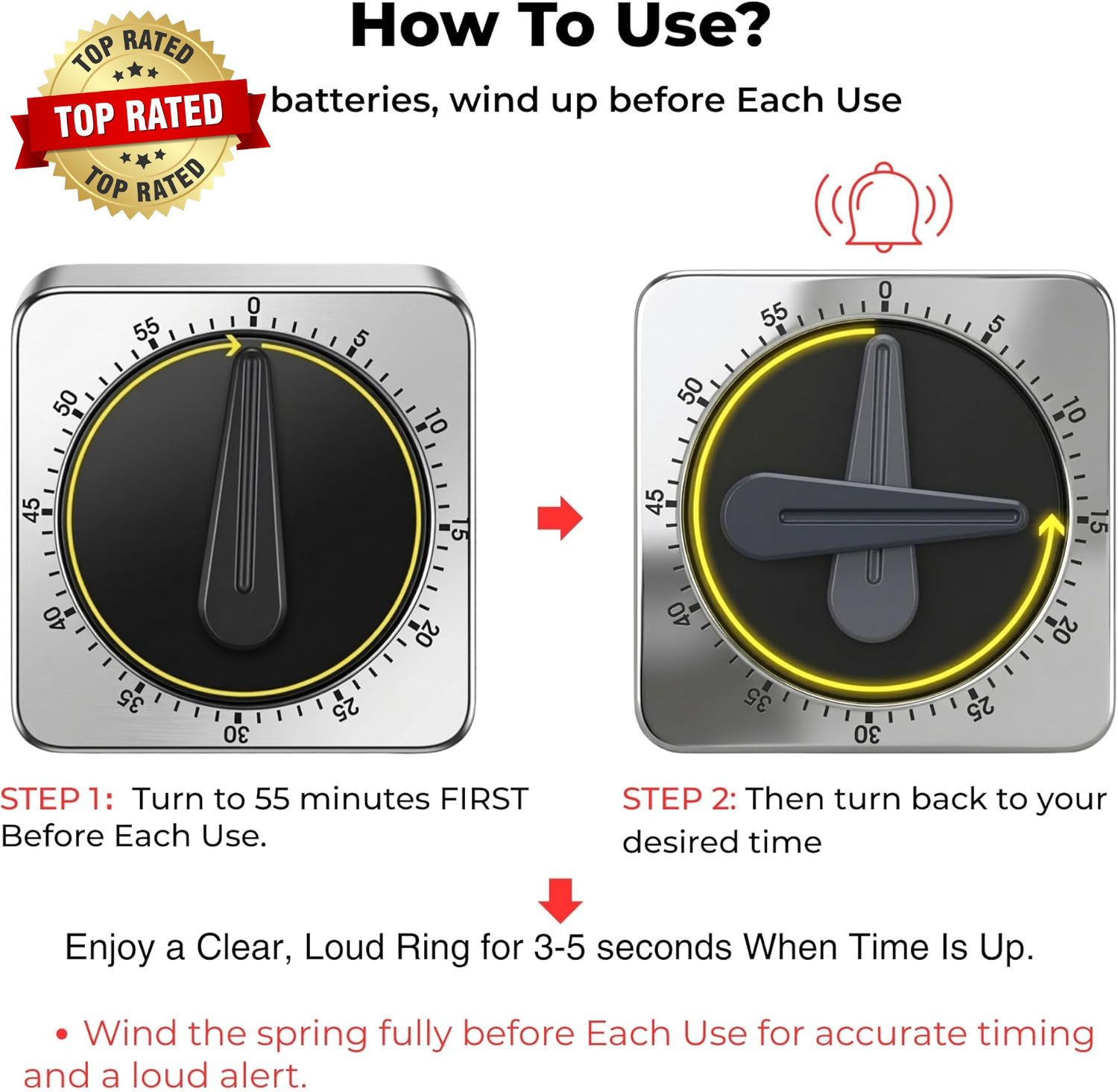 Kitchen Timers for Cooking, Mechanical Wind up Timer with Loud Ring, Magnetic Ba