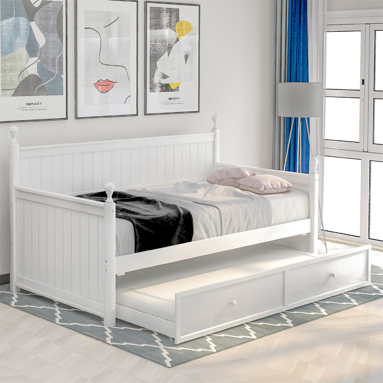 Twin Size Daybed Wood Bed Frame Sofa Bed with Pull-Out Trundle Bed White