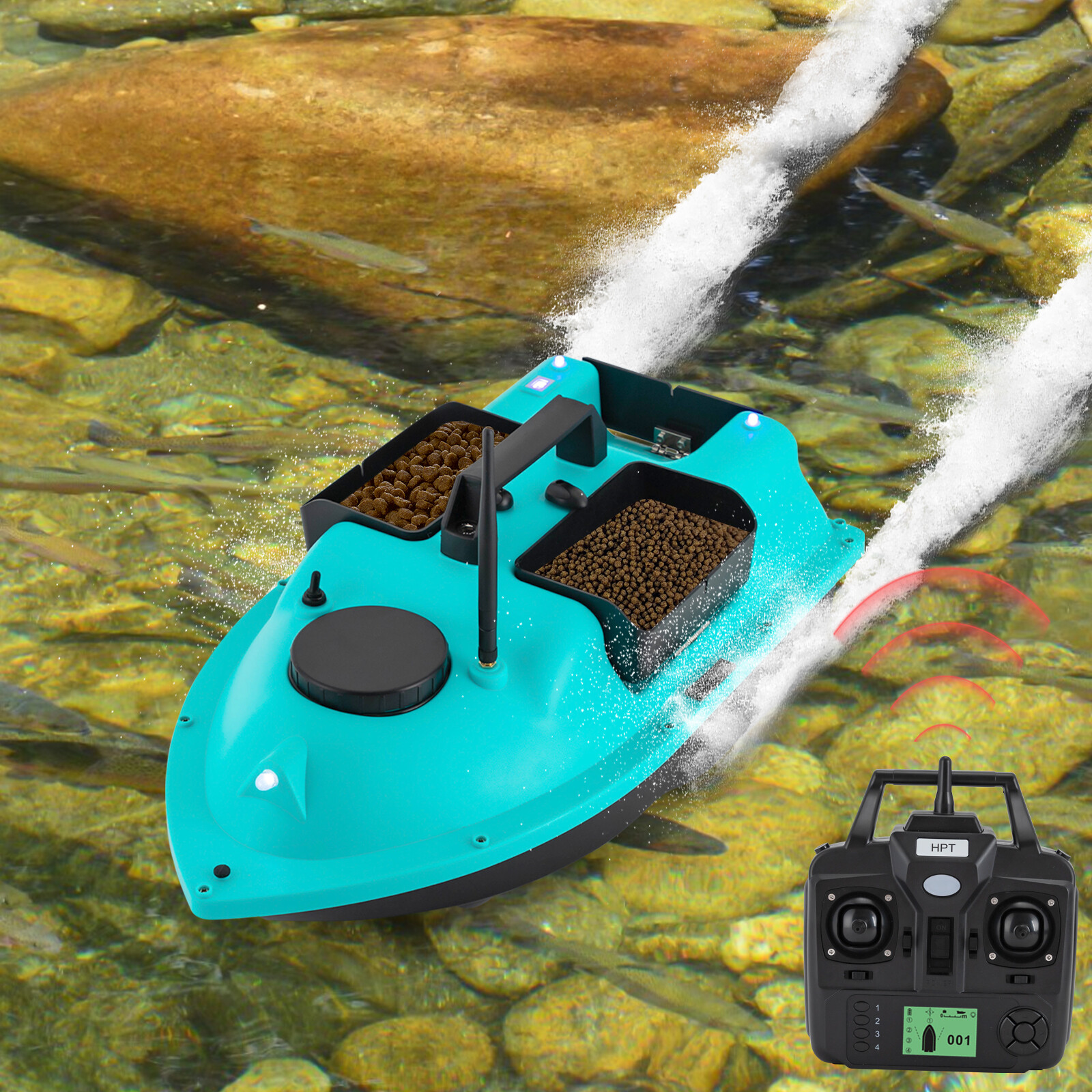 600m GPS Remote Fishing Bait Boat With 2×5200mAh Batteries, 90min Standby Blue