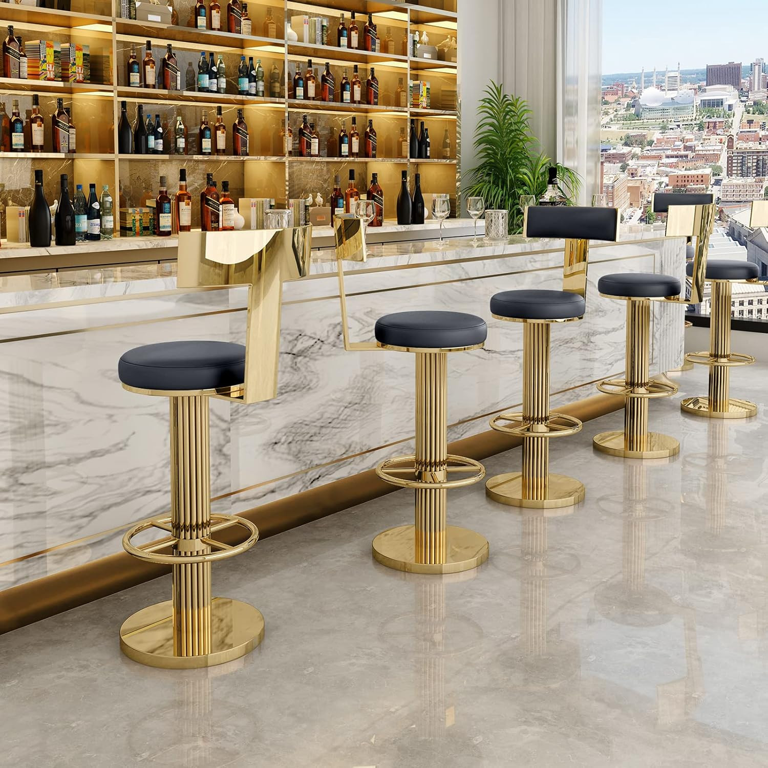 Modern Adjustable Height Swivel Bar Stools Set of 2 in Black & Blue